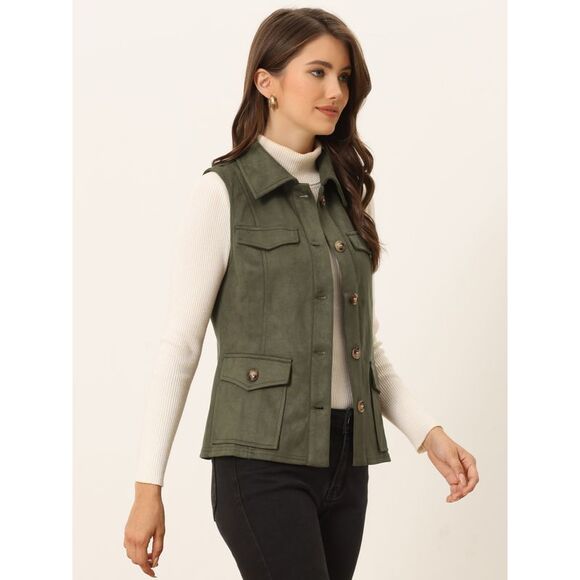 Faux Suede Vest Utility Buttoned with Cargo Pocket Army Green - Picture 3 of 5